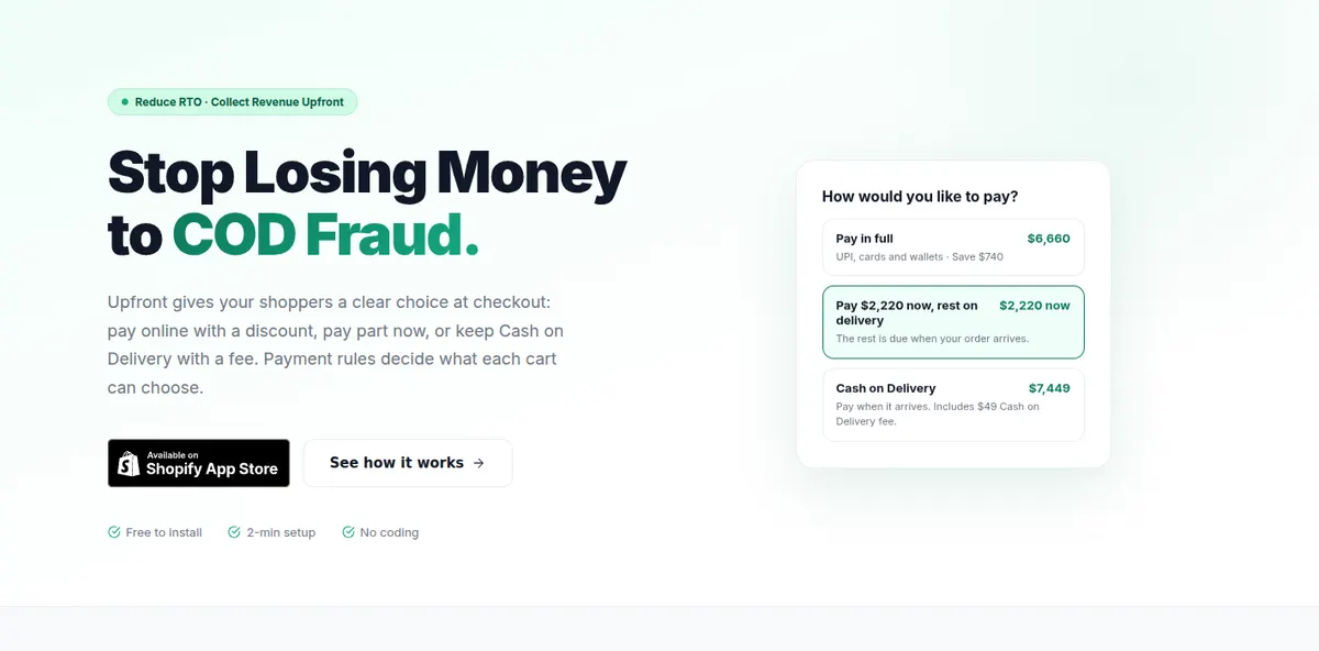 Screenshot of Upfront: COD & Partial Payment